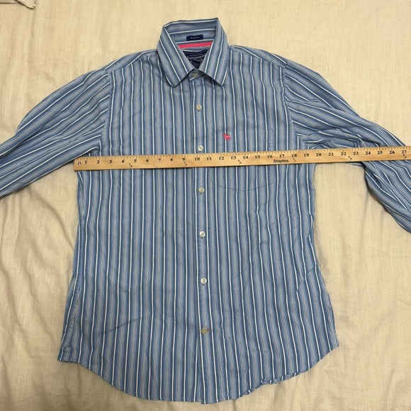 Abercrombie & Fitch Men Sz M Blue Stripe‎ Muscle Button Up Long Sleeve Shirt Y2K - Picture 3 of 5
